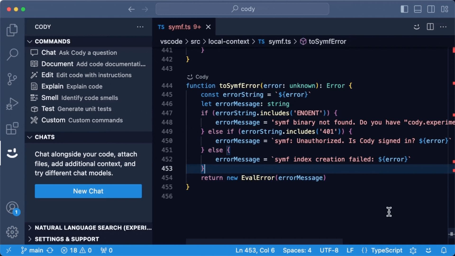 VS Code interface with Cody AI assistant showing TypeScript code