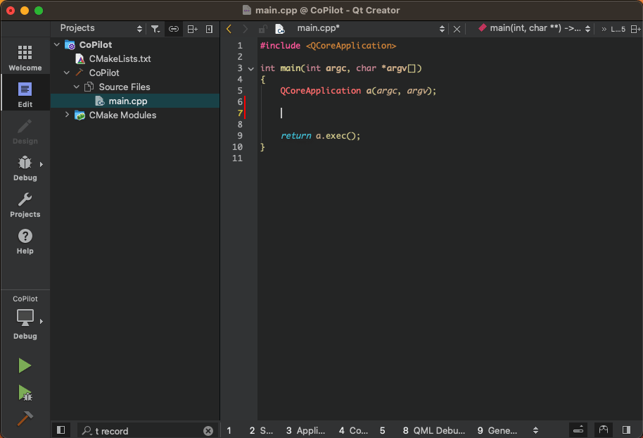 Qt Creator IDE showing C++ code implementation